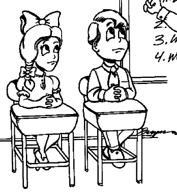 Line drawing of a 1950s-era appearing girl and boy at school desks, with an adult's hand in the top corner appearing to instruct them. The children represent the GSEs Fannie Mae and Freddie Mac.