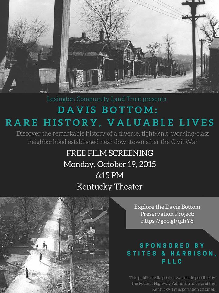 Poster for a film screening of "Davis Bottom, Rare History, Valuable Lives," showing old black and white photos of the Davis Bottom neighborhood