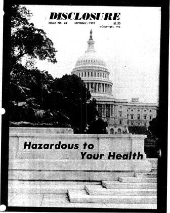 Black and white cover scan of Disclosre magazine from 1976 shows a picture of the capitol building, with the words "Hazardous to Your Health"