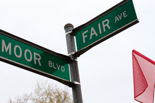 Street sign at the intersection of Moor and Fair